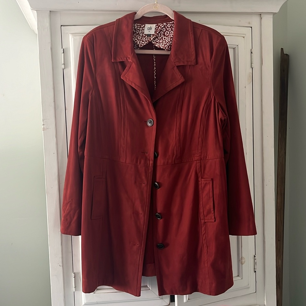 CAbi long faux suede jacket. Color is rust to carnelian.